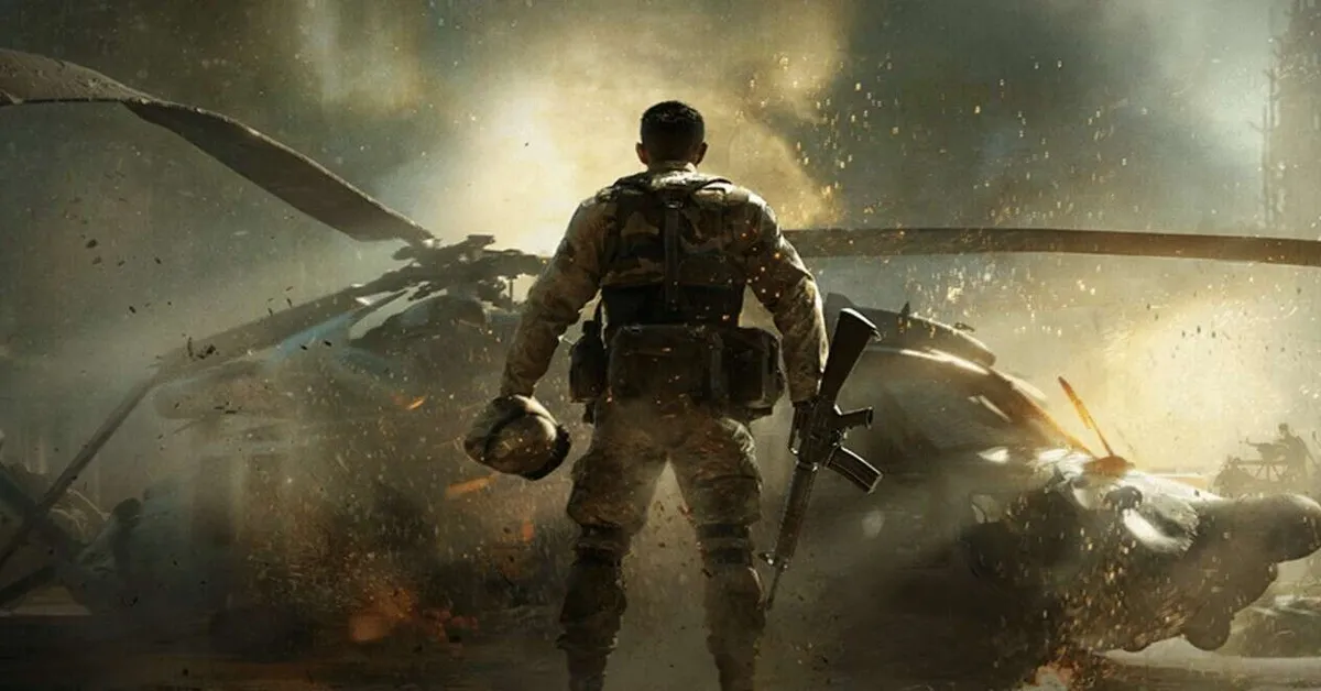 Soldier standing amid destruction after a helicopter crash, embodying the chaos of Black Hawk Down.