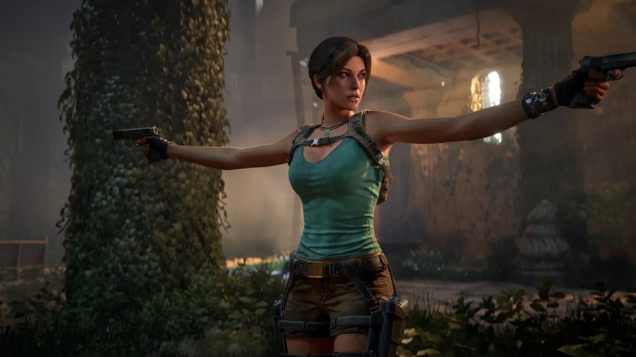 Lara Croft, armed with dual pistols, poses in an ancient, overgrown ruins setting with dramatic lighting.