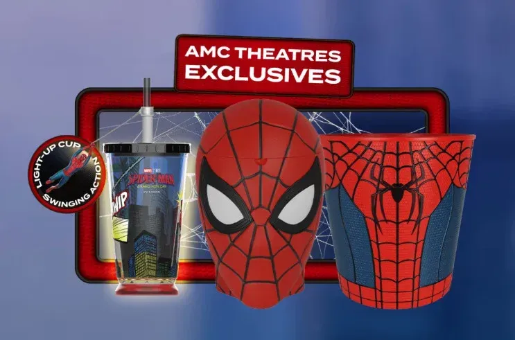 AMC exclusive Spider-Man popcorn buckets featuring Spider-Man mask and themed drink cup.