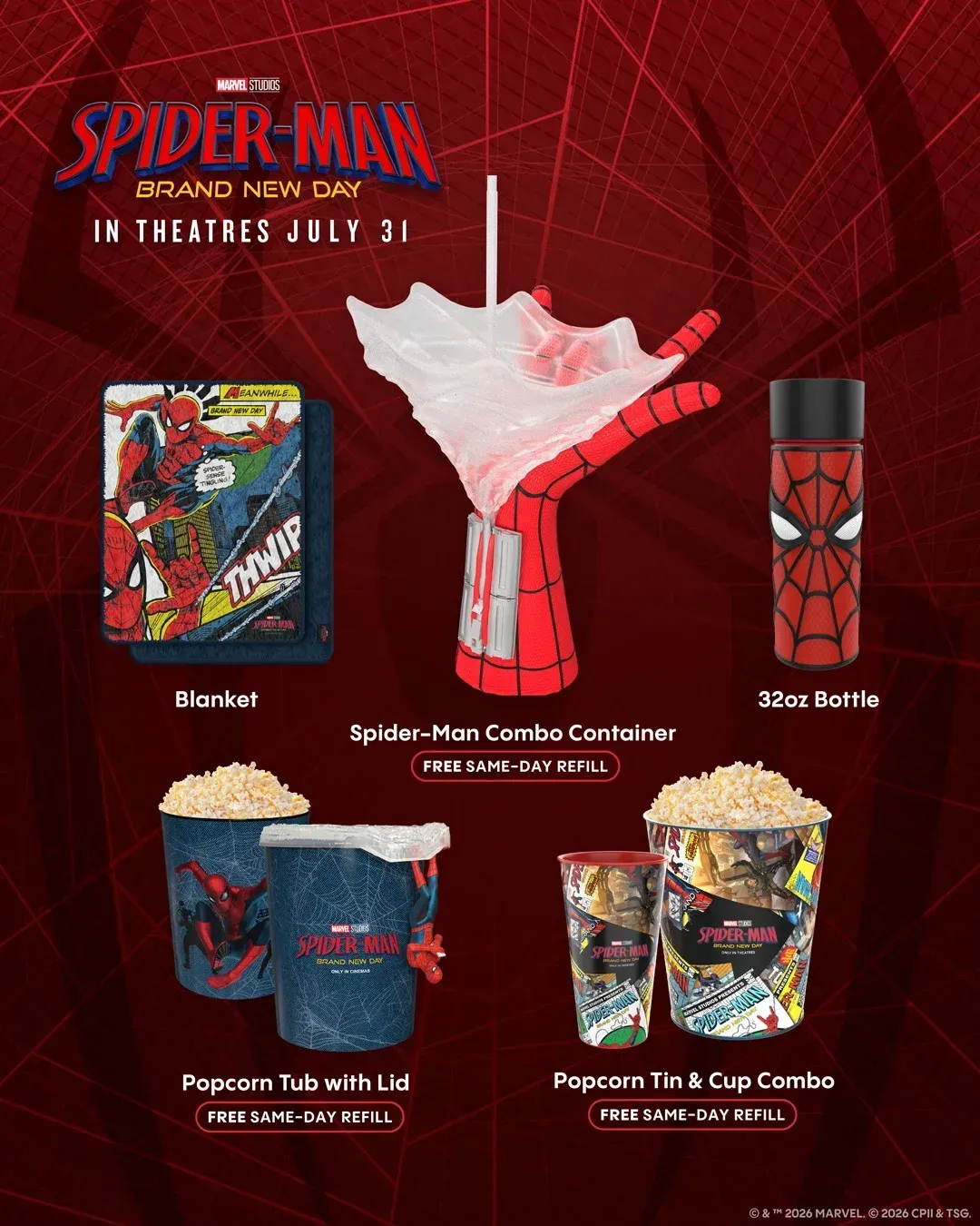 Cinemark Spider-Man themed popcorn containers including a cup, tin, and various collectibles.