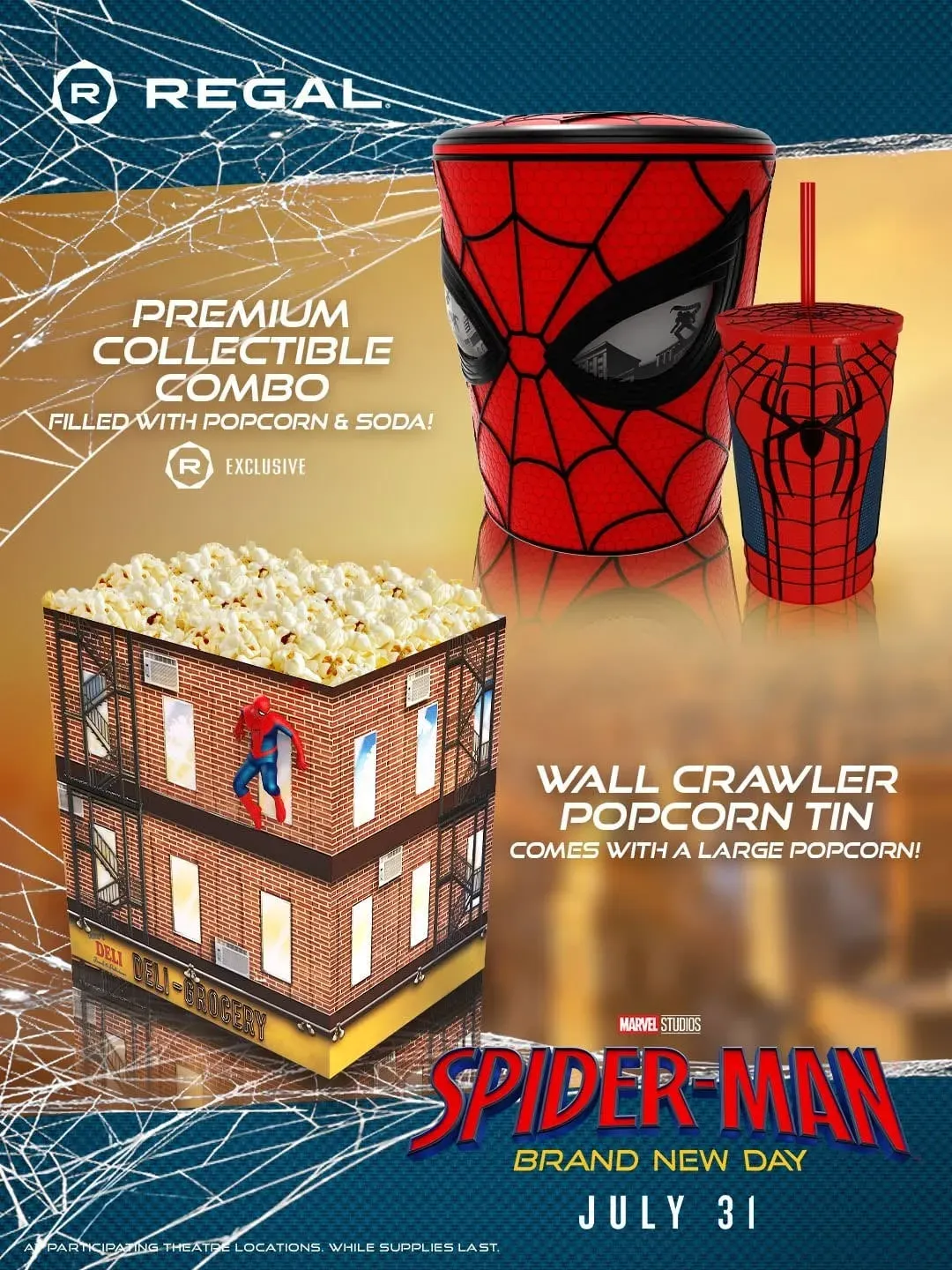 Regal popcorn bucket combo showcasing Spider-Man mask and popcorn tin with a building design.
