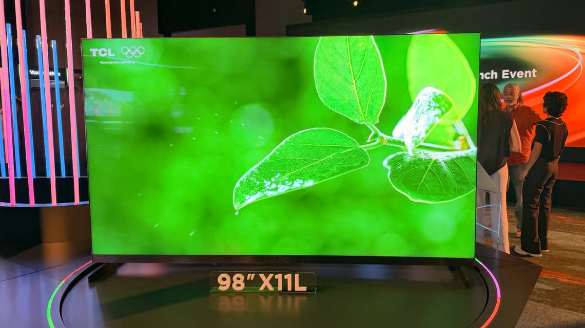 TCL's 98-inch X11L flagship on display at the 2026 SQD Mini-LED launch event in Dubai.