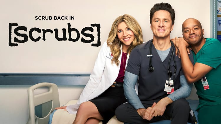 Scrubs revival key art featuring Sarah Chalke, Zach Braff, and Donald Faison at Sacred Heart Hospital