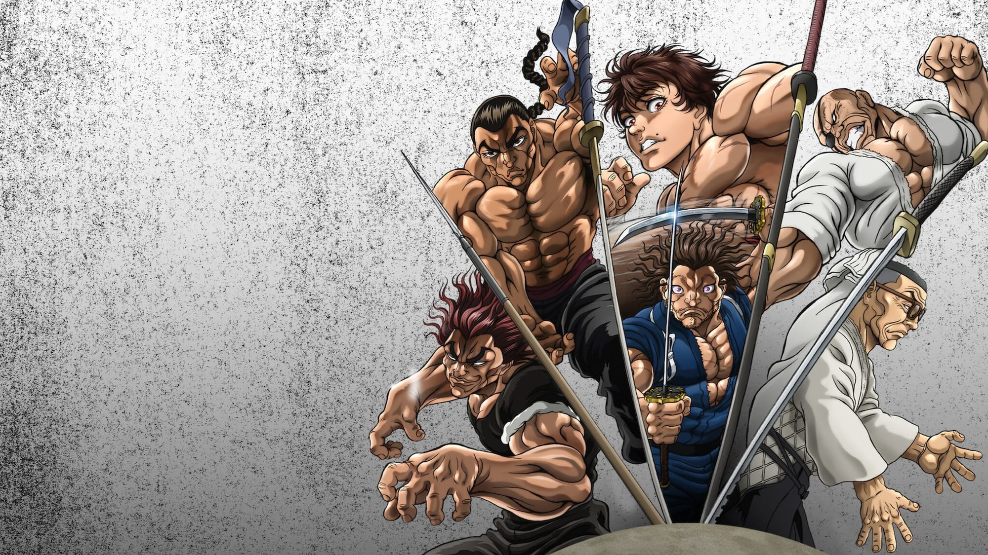 Anime characters showcasing martial arts with intense expressions and weapons drawn.