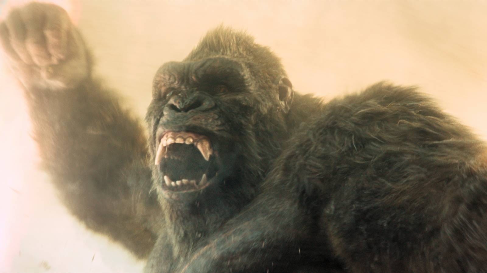 Close-up of a roaring gorilla with a fierce expression in a chaotic environment.