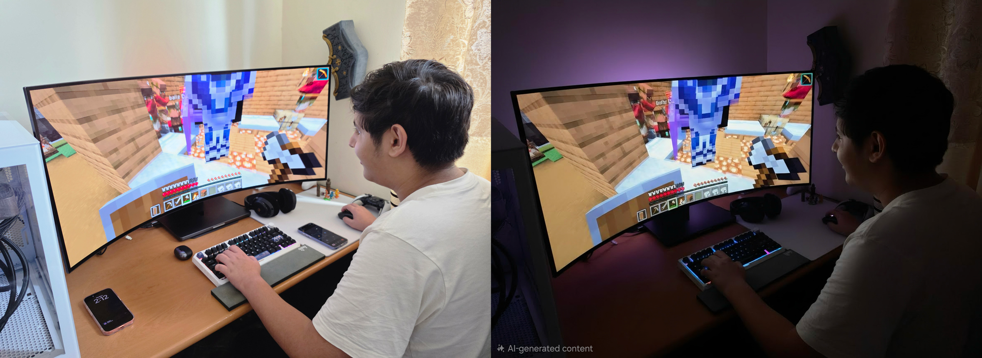A user playing Minecraft on a curved monitor, with a split image showing different lighting environments.