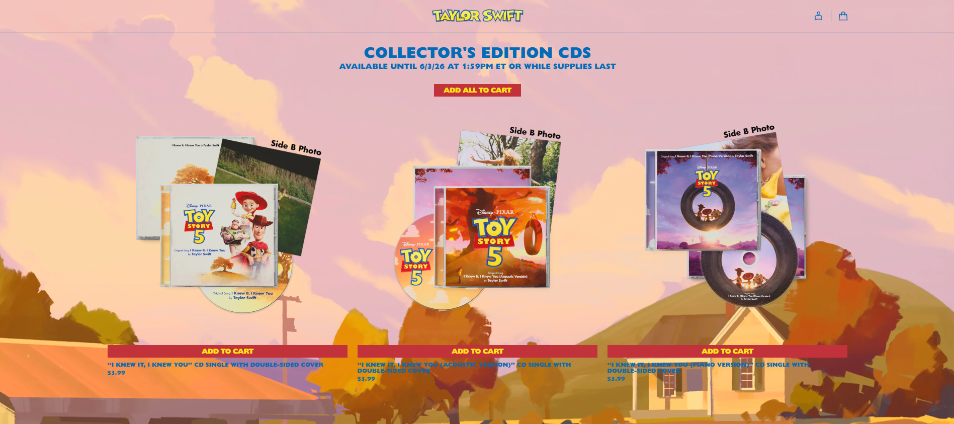 Taylor Swift's new song 'I Knew It, I Knew You' featured on Toy Story 5 collector's edition CDs, colorful artwork.