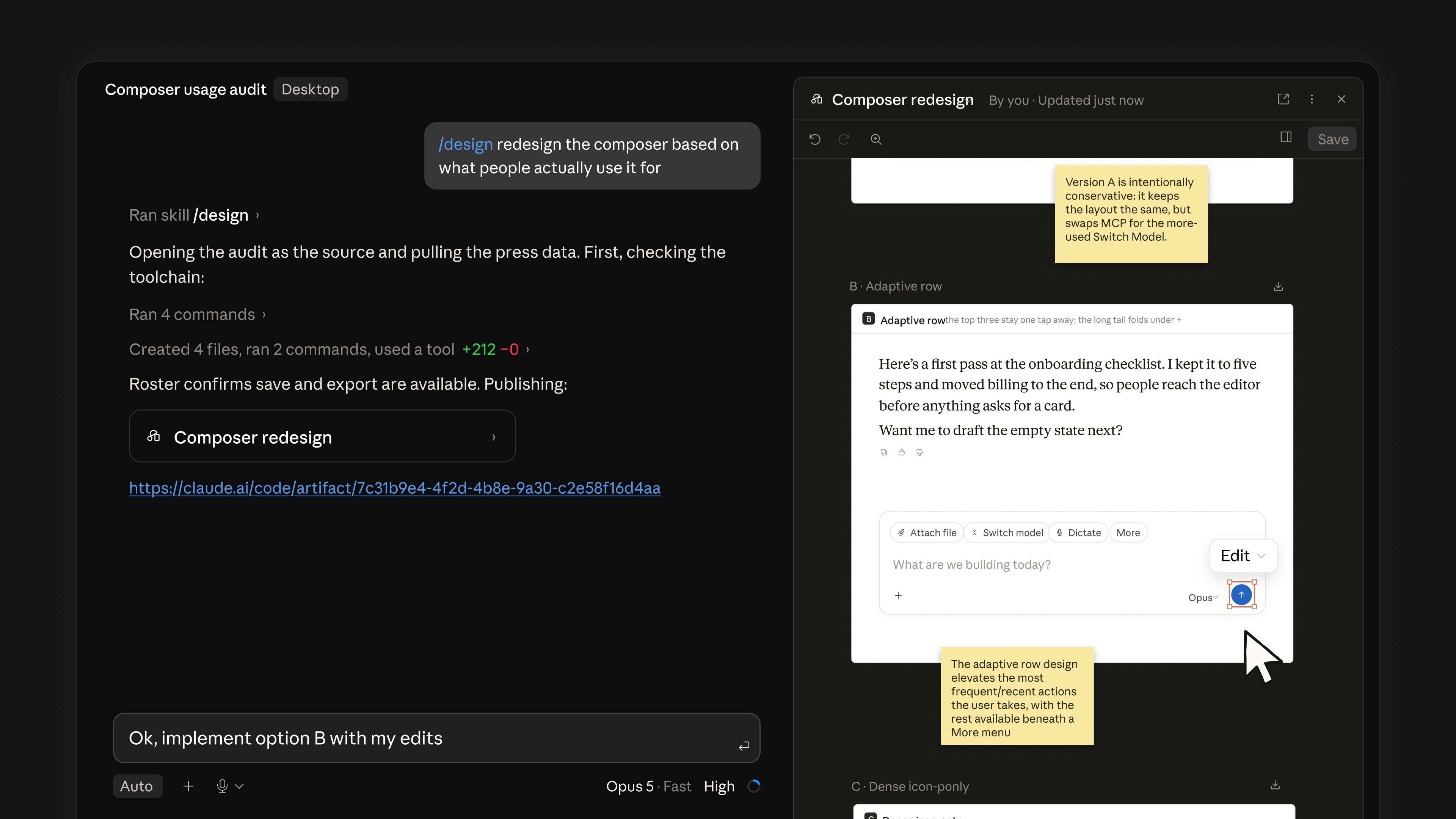 Claude Code /design command drafting editable UI artboards in a split-screen coding session