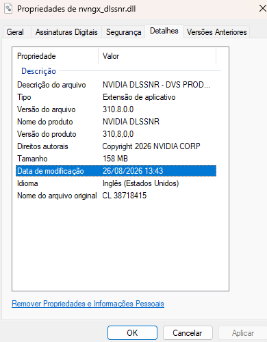 Windows file properties for nvngx_dlssnr.dll showing NVIDIA DLSSNR version 310.8.0.0 at 158 MB