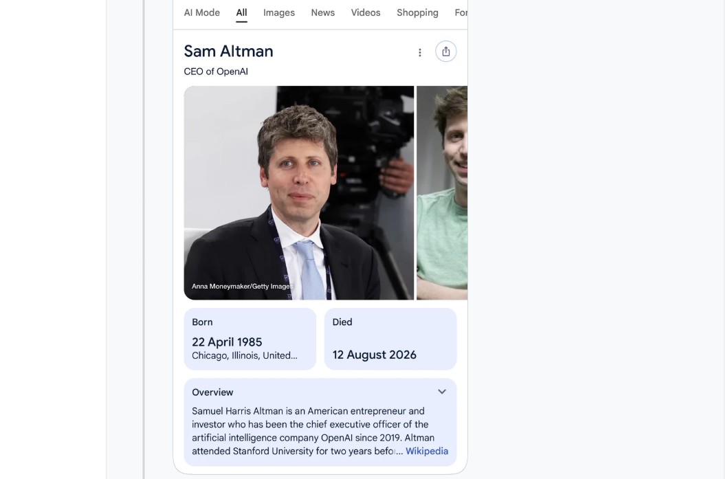 Google Knowledge Panel screenshot showing a false date of death for Sam Altman