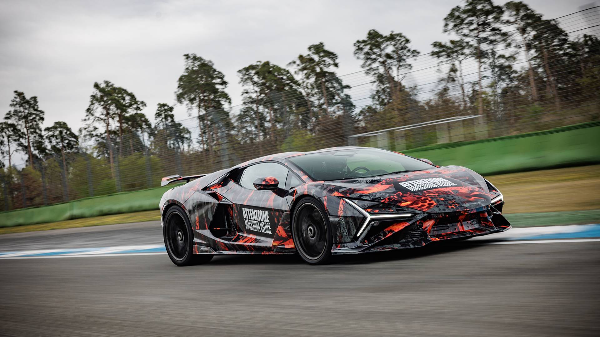 Camouflaged Lamborghini Revuelto SV during its record lap at the Hockenheimring
