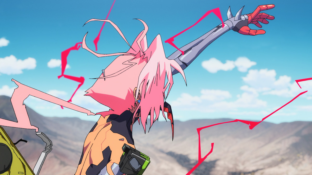 Talia Yang in Cyberpunk: Edgerunners 2, mechanical arm raised against a mountain sky