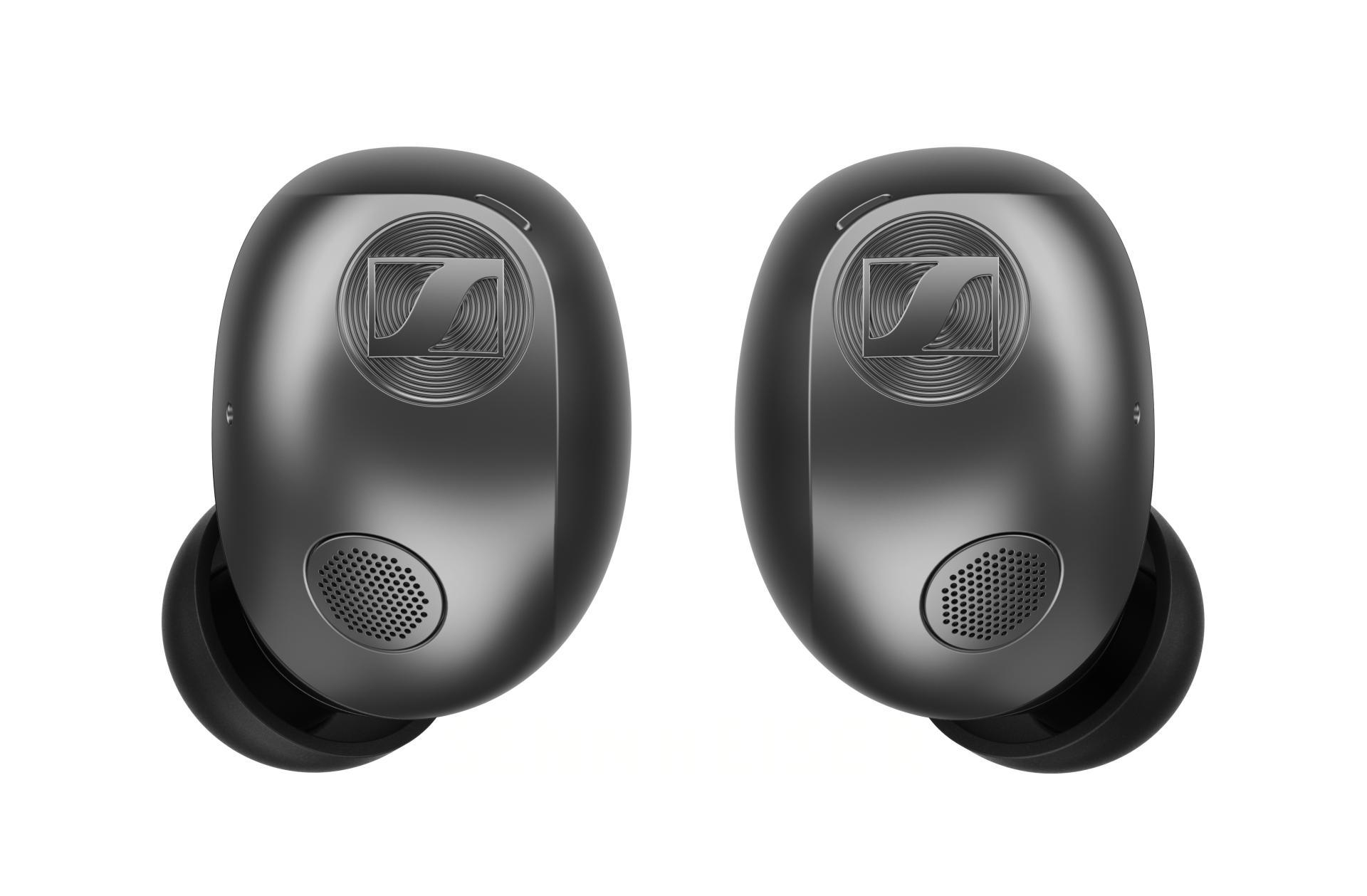 Sennheiser Momentum True Wireless 5 graphite earbuds with open charging case