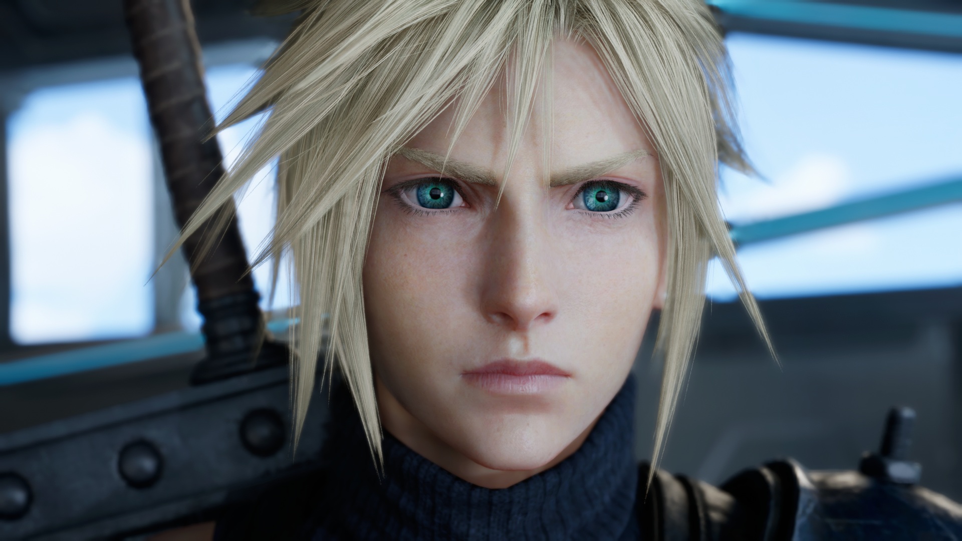Cloud Strife wearing a serious expression in Final Fantasy 7 Revelation