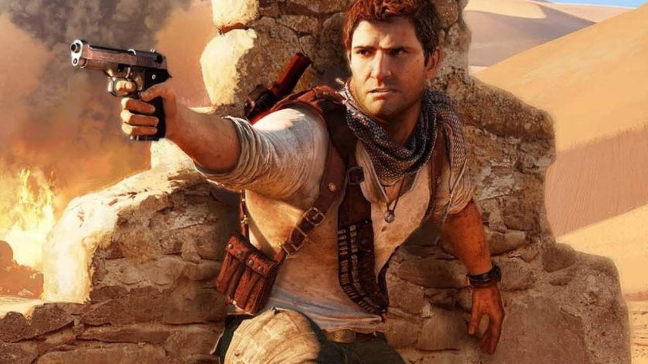 Nathan Drake in combat in the desert ruins of Uncharted 3: Drake's Deception