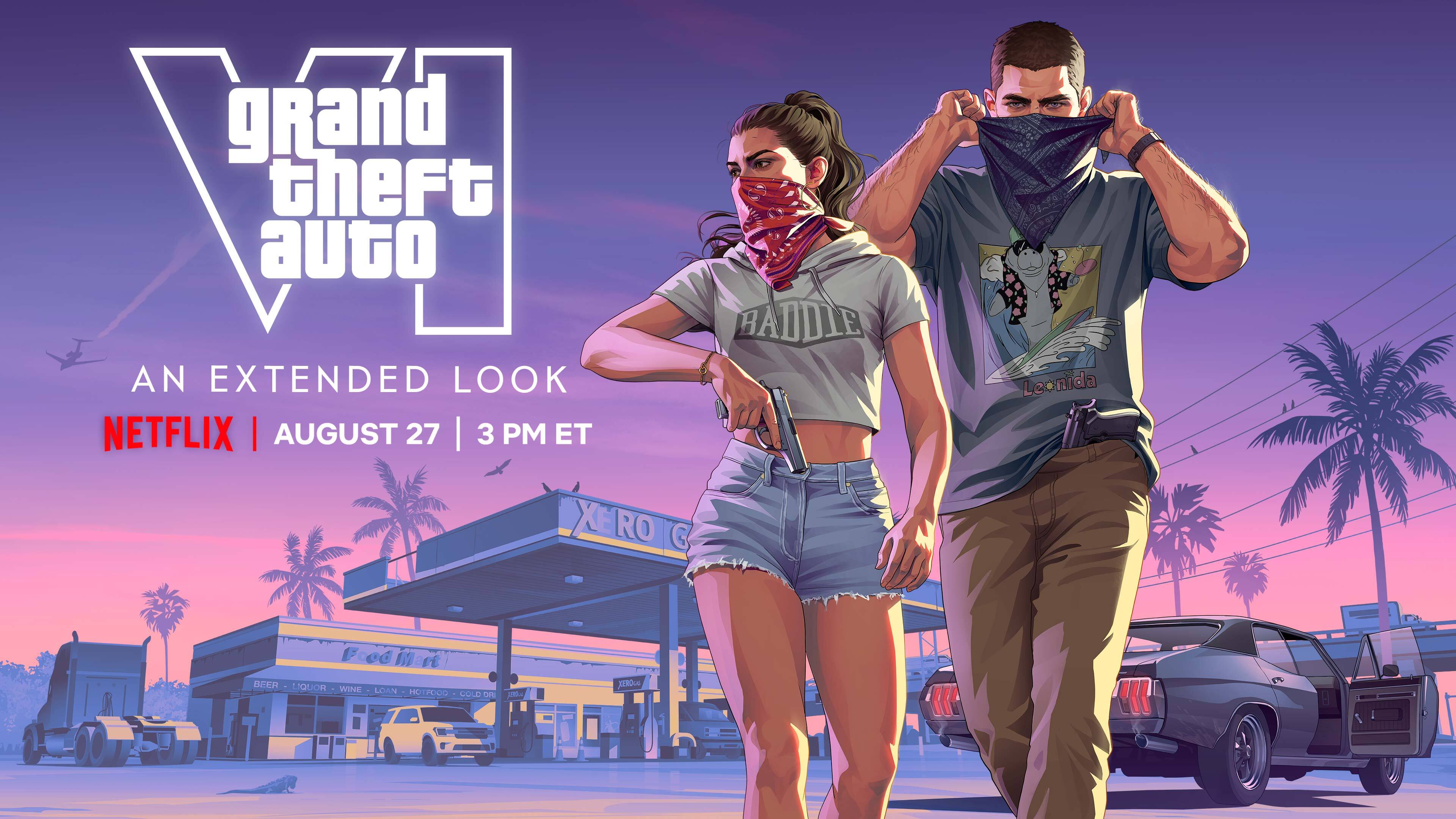 GTA 6 extended look key art announcing the Netflix premiere on August 27