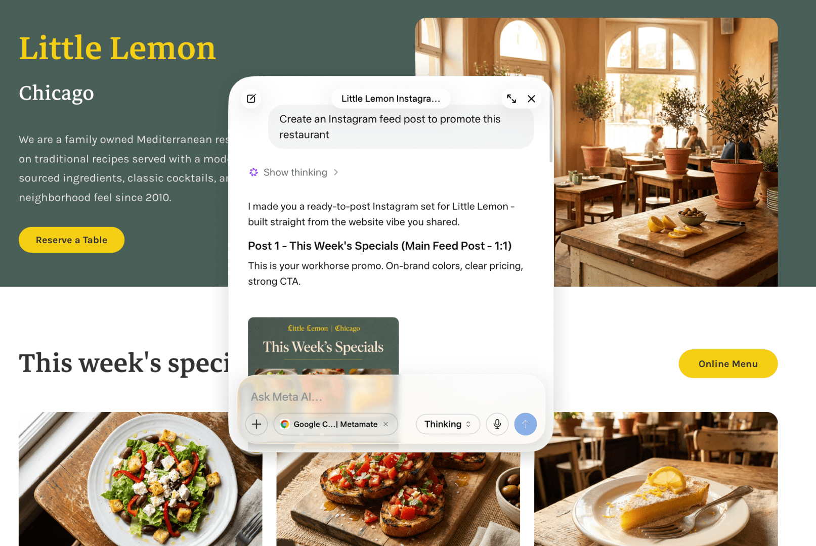 Meta AI Mac app sharing a restaurant website window to generate an Instagram post