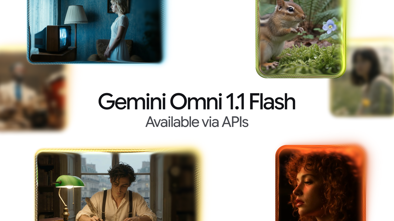 Google's Gemini Omni 1.1 Flash hero showing the AI video model with four example clips