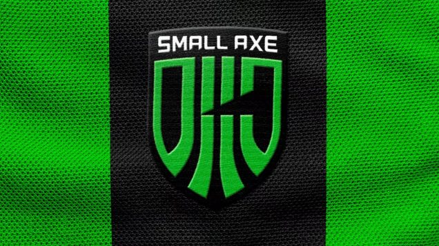 Small Axe Studios' football club-style crest on a lime green and black jersey