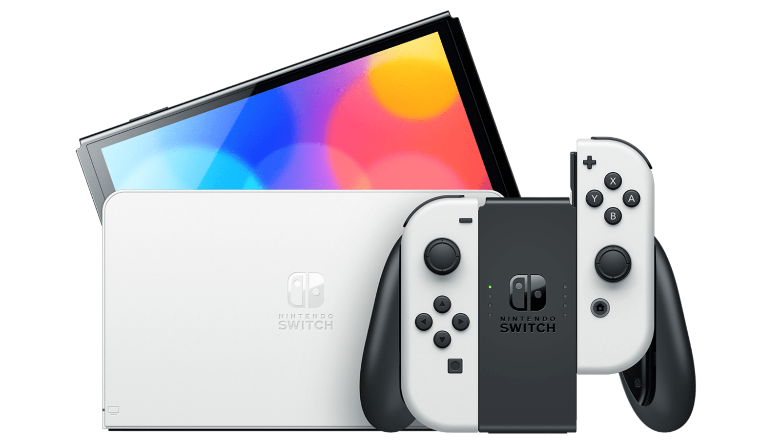 Nintendo Switch OLED console in white with Joy-Cons on a plain background