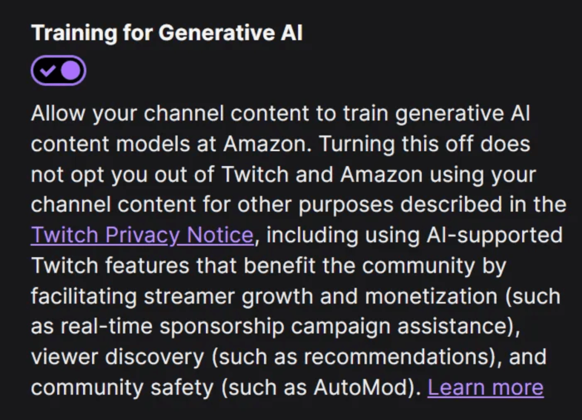 Twitch account settings showing the Training for Generative AI toggle switched on by default