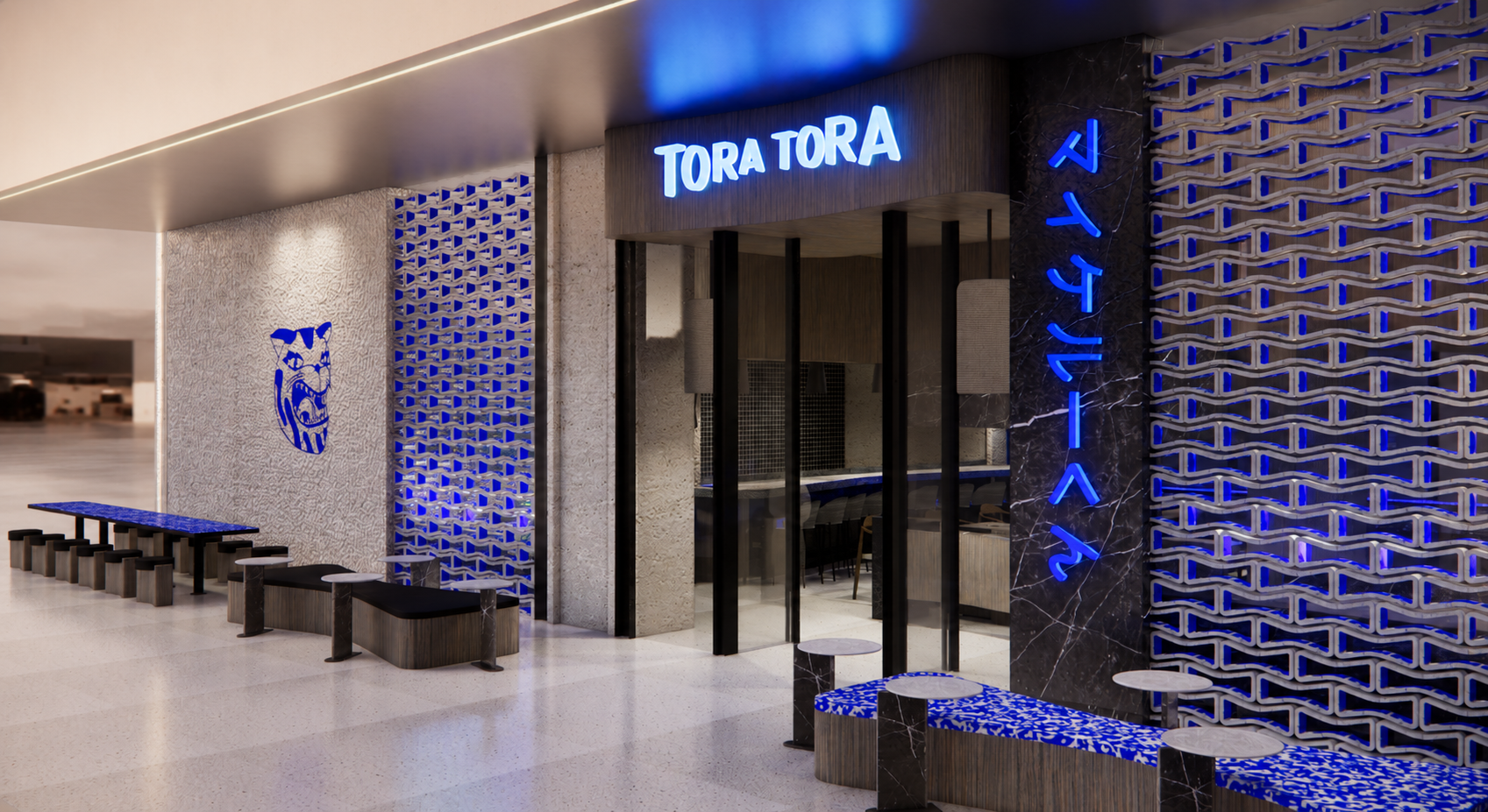 TORA TORA ramen restaurant facade render with blue neon signage in Jumeirah, Dubai