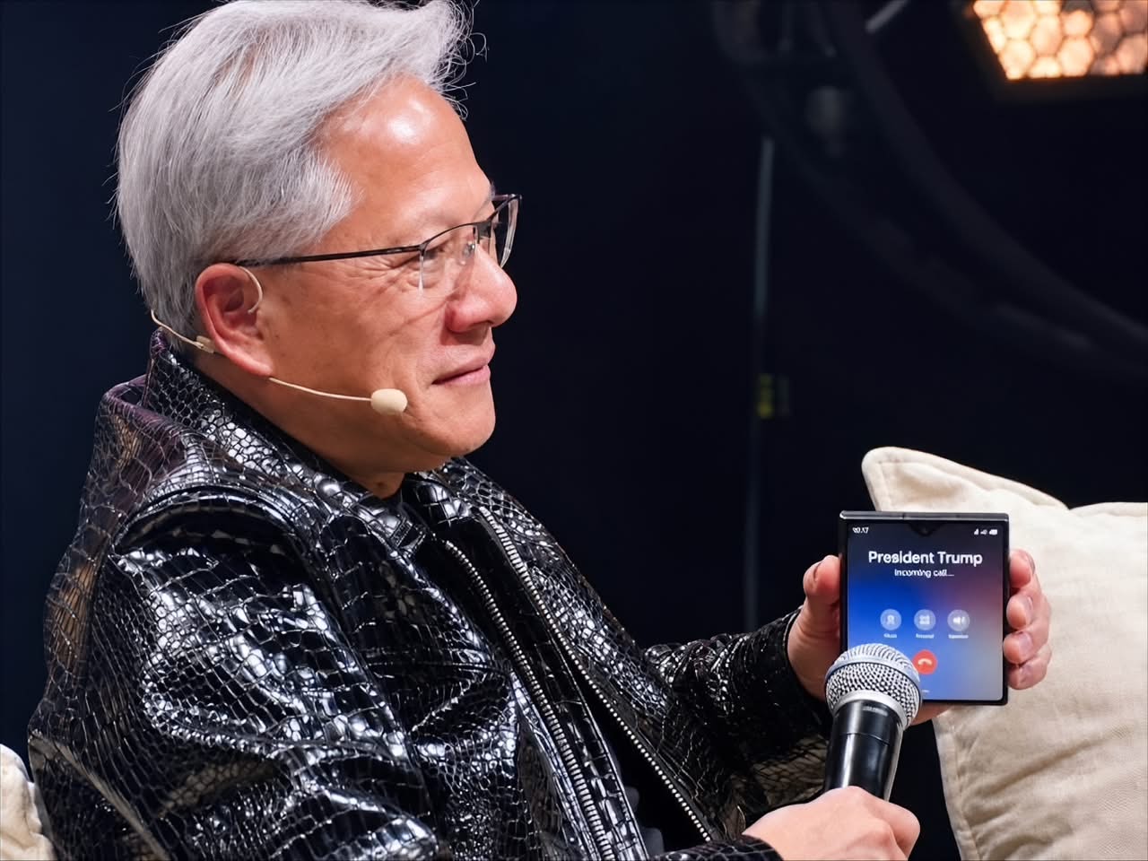 Jensen Huang holding Samsung Galaxy Z Fold8 during a live summit