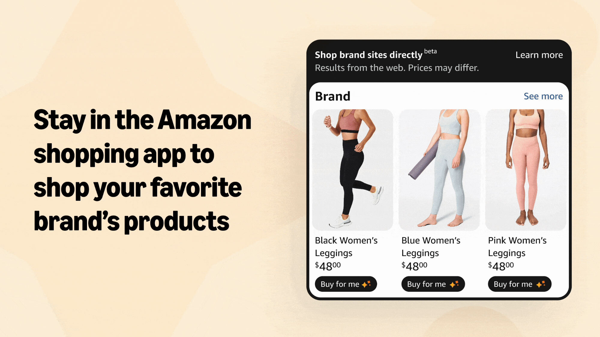 Amazon Buy for Me interface showing products and purchase controls