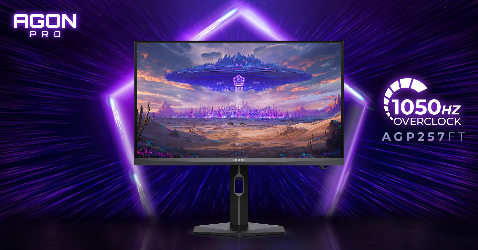 AOC AGON PRO AGP257FT monitor render with 1,050Hz overclock graphic