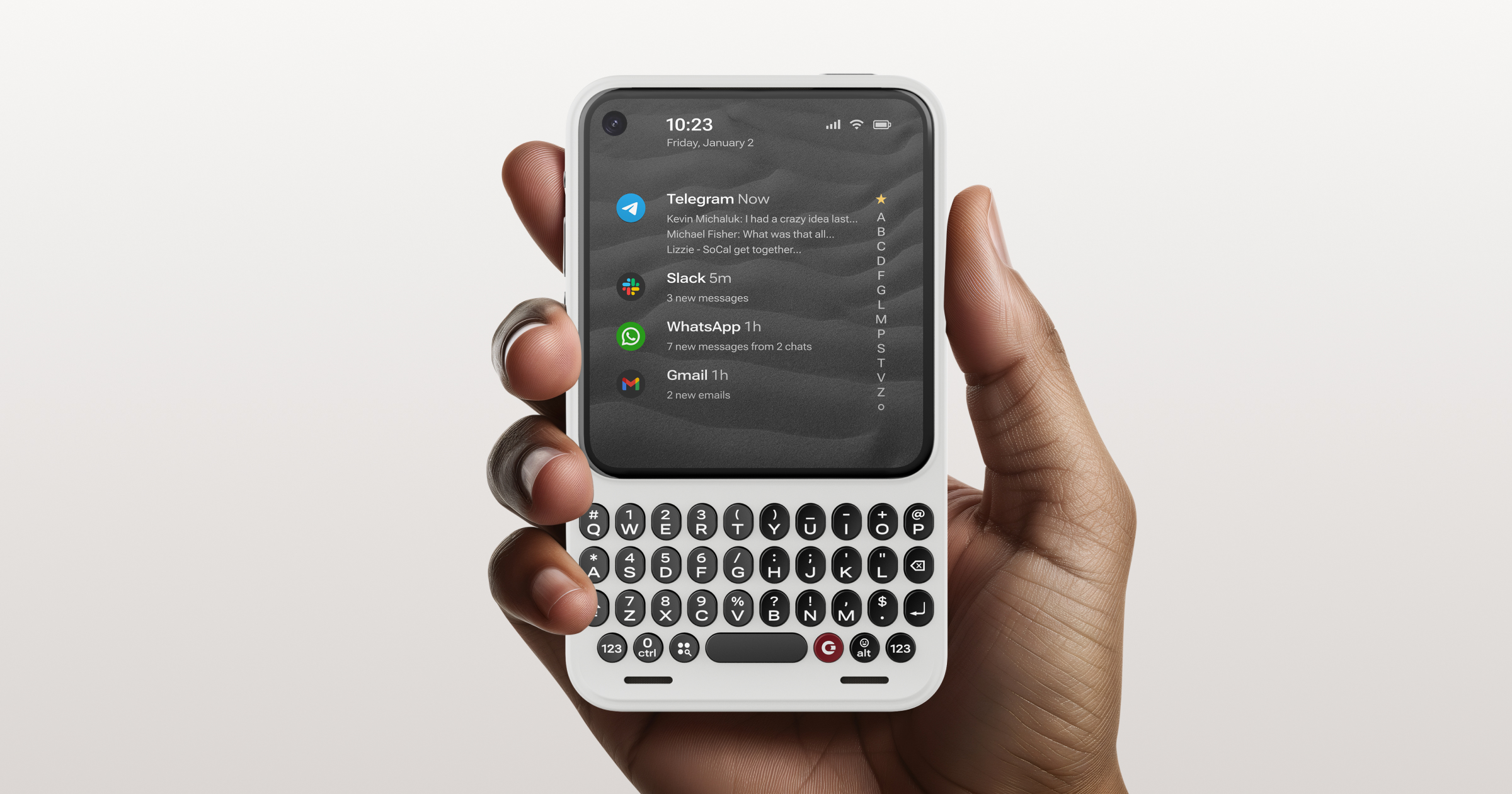 Clicks Communicator smartphone with physical keyboard held in hand