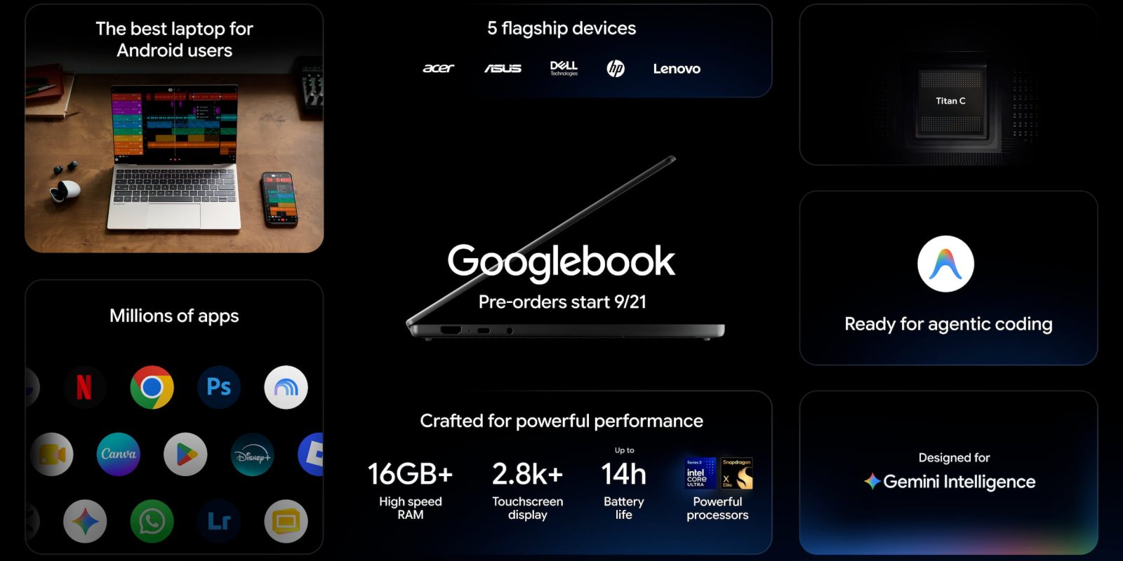 Googlebook launch graphic showing five laptops and partner brands