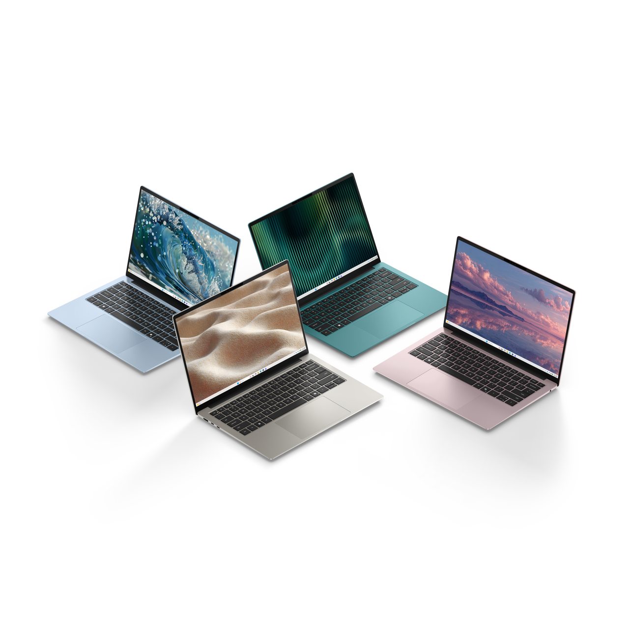 Four Dell 14S student laptops in linen, washed denim, velvet green and dusty rose arranged on a white background