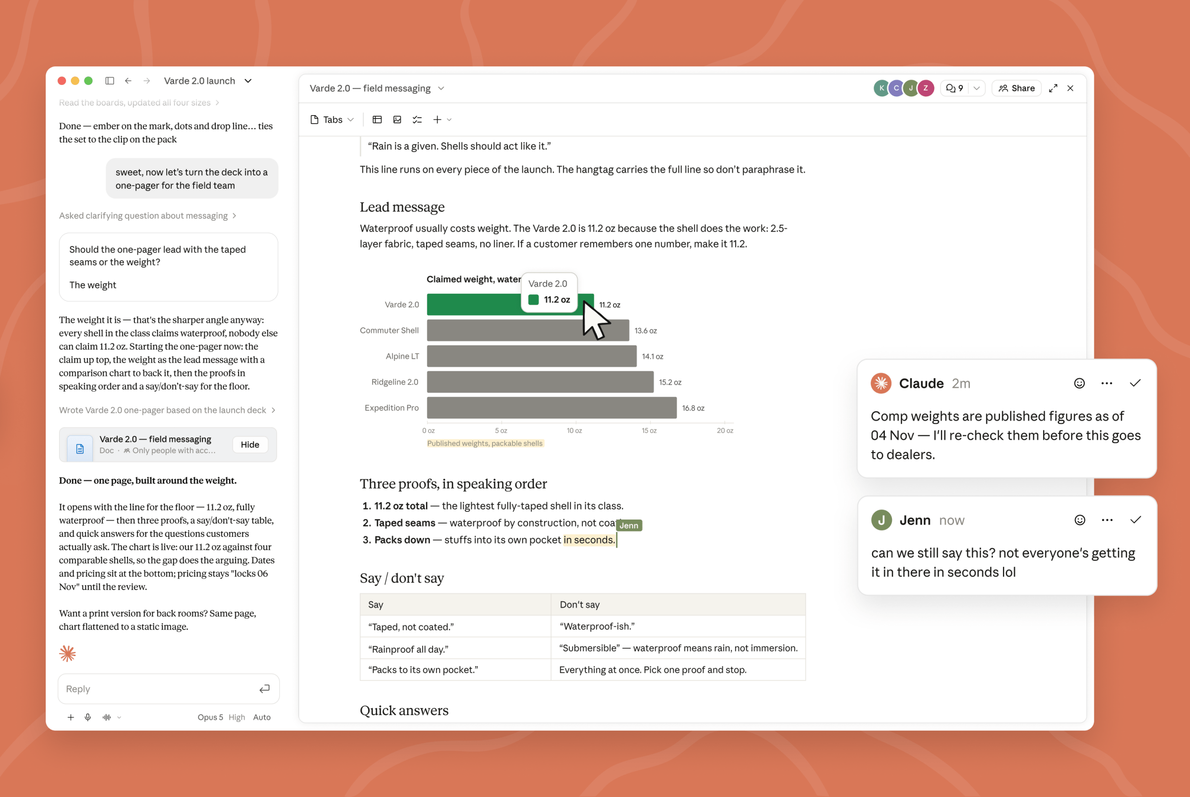Claude Docs collaborative editor showing an AI-assisted product launch document