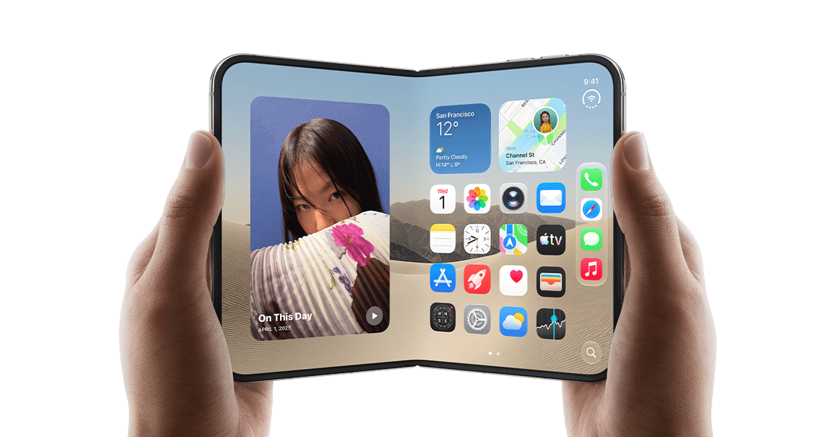 Apple's iPhone Duo open in landscape, showing widgets and apps on the inner display