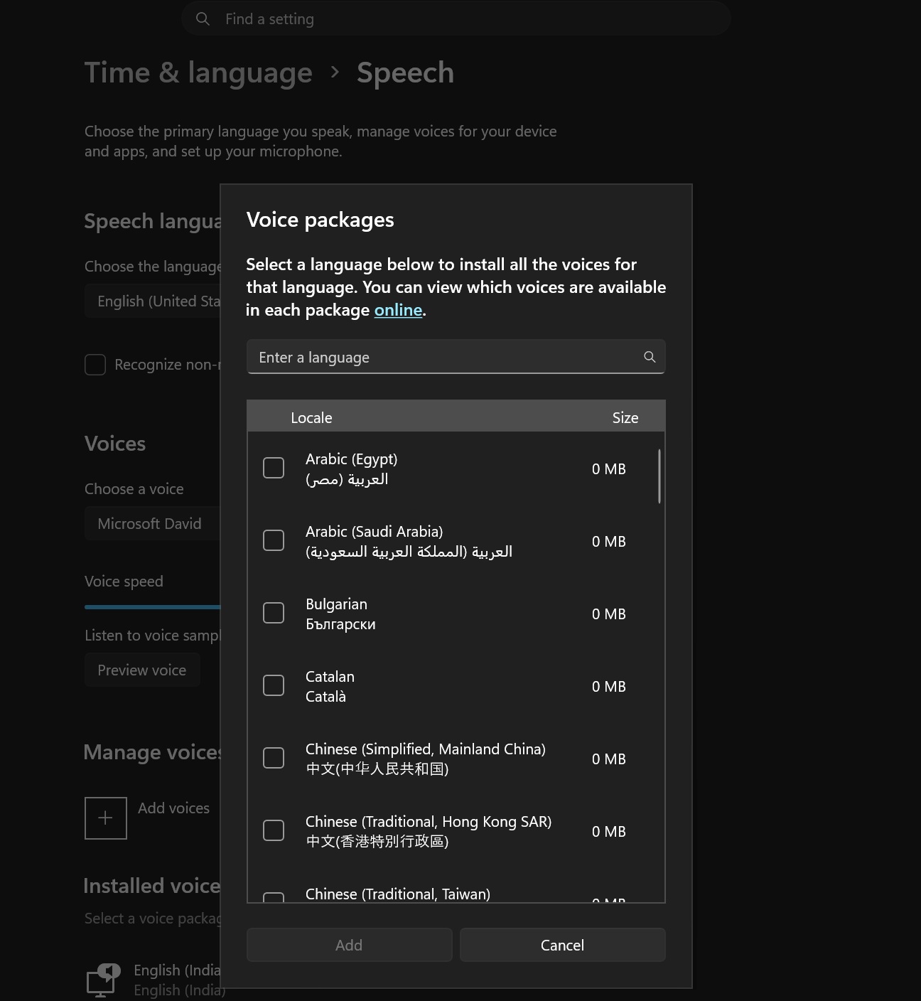 Windows 11 Voice packages dialog showing language installation options
