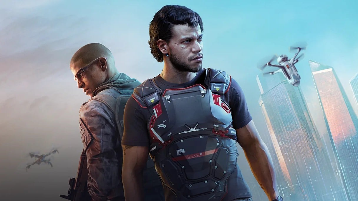 Official MindsEye artwork showing characters in a futuristic city