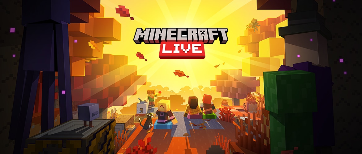 Minecraft Live artwork with players and colourful block-built scenery