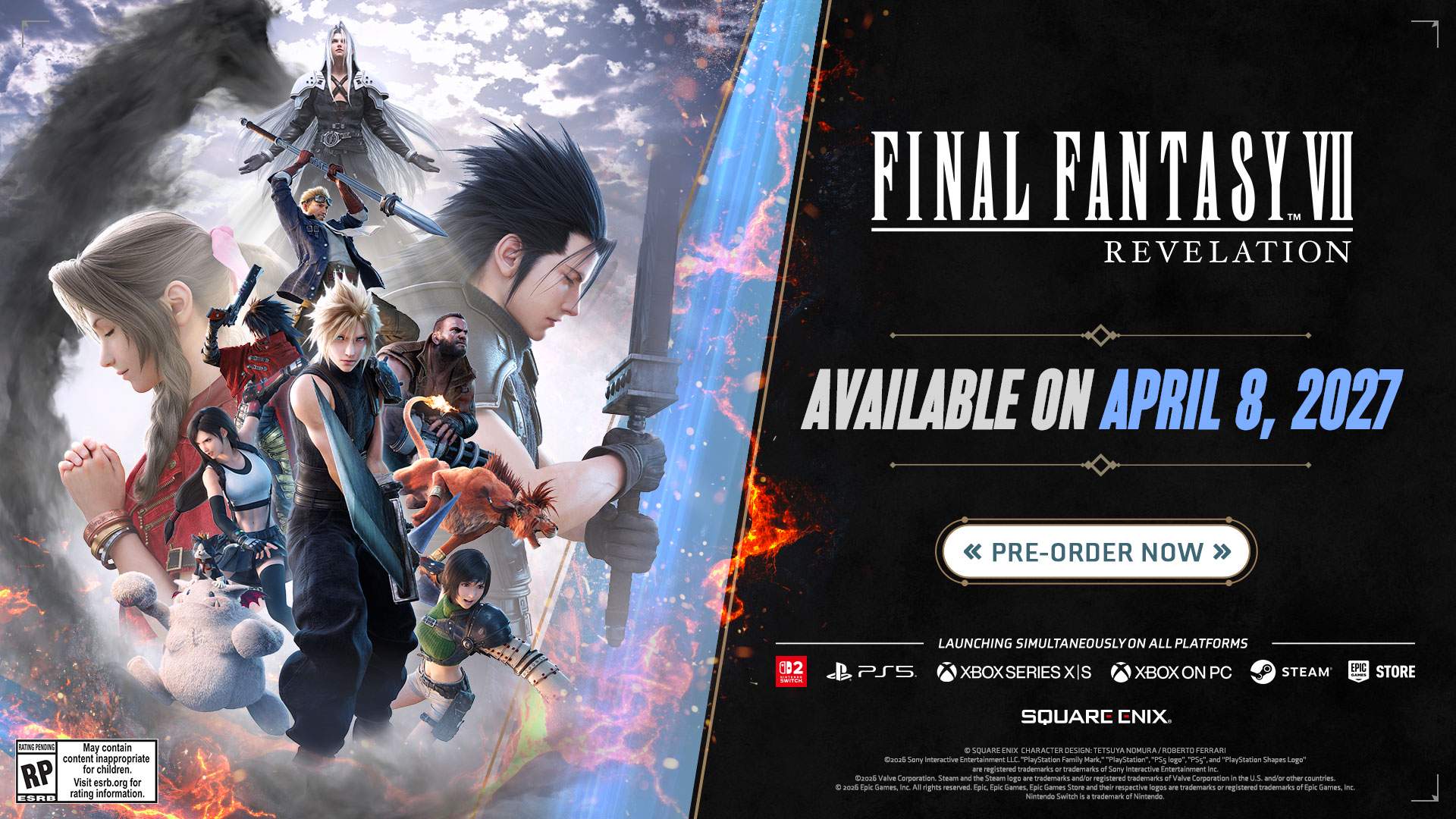 Final Fantasy VII Revelation key art with Cloud, Sephiroth and party