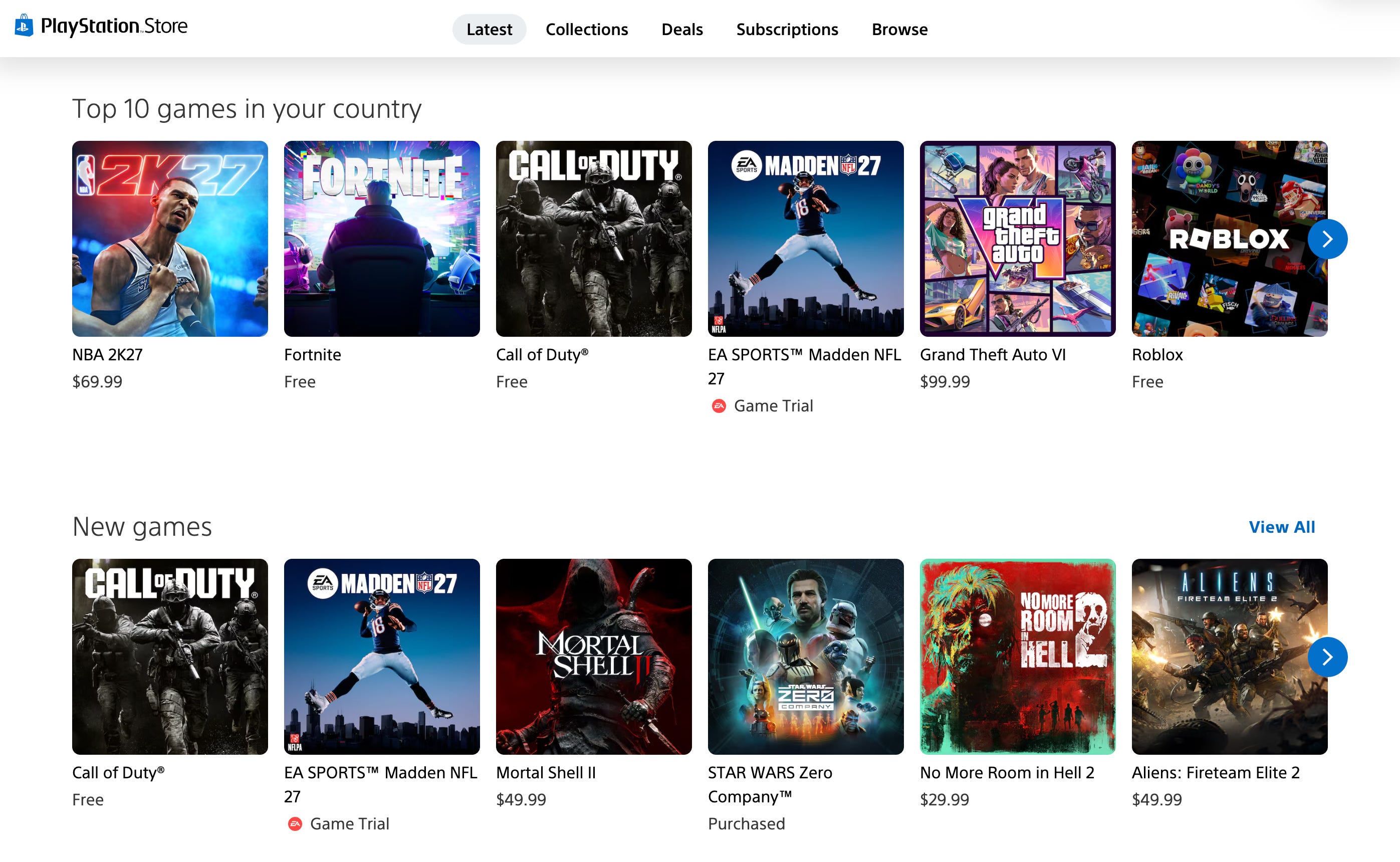 PlayStation Store digital games storefront showing game listings and prices