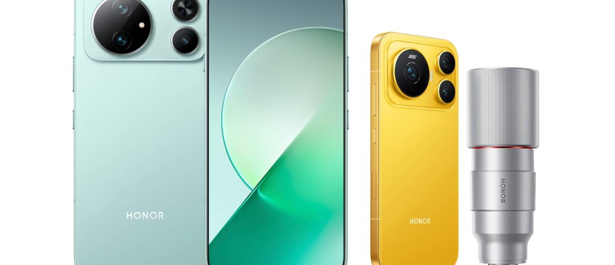 HONOR Magic9 series devices and a clip-on telephoto lens in promotional artwork
