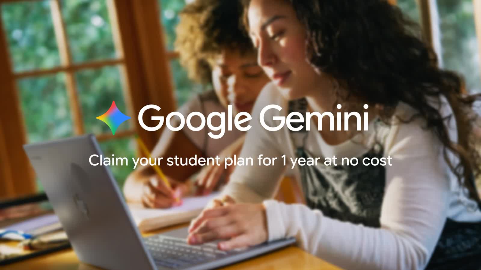 Google Gemini student offer graphic showing students claiming a free one-year plan