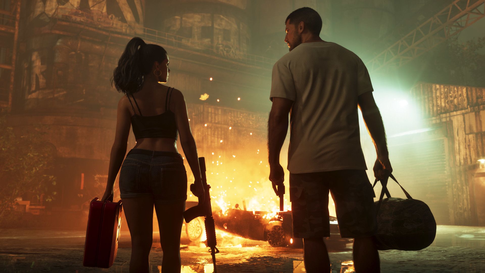 GTA 6 artwork showing Jason and Lucia walking away from a burning vehicle