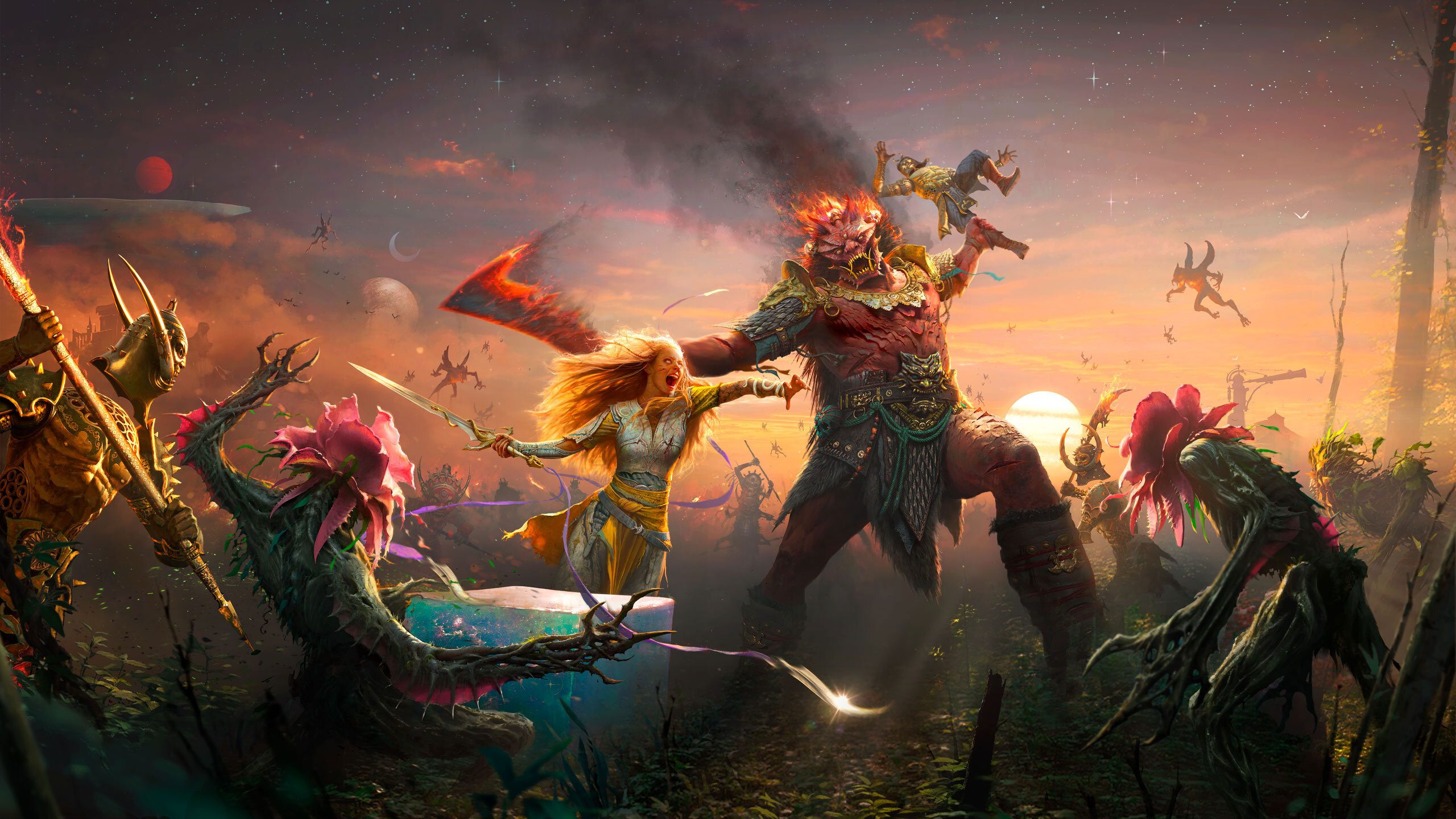 God of War Laufey artwork shows a warrior facing enemies beneath a cosmic sky