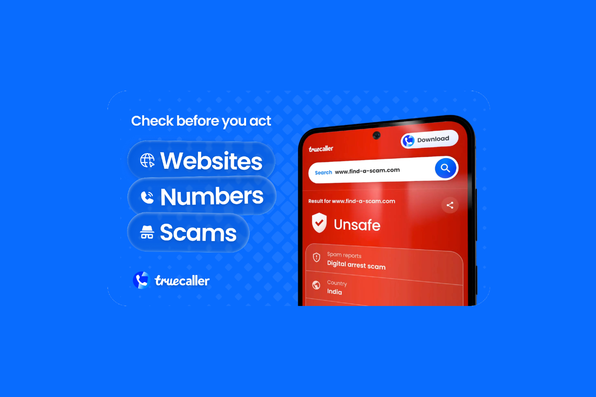 Truecaller Scam Checker graphic shows an unsafe link result on a phone