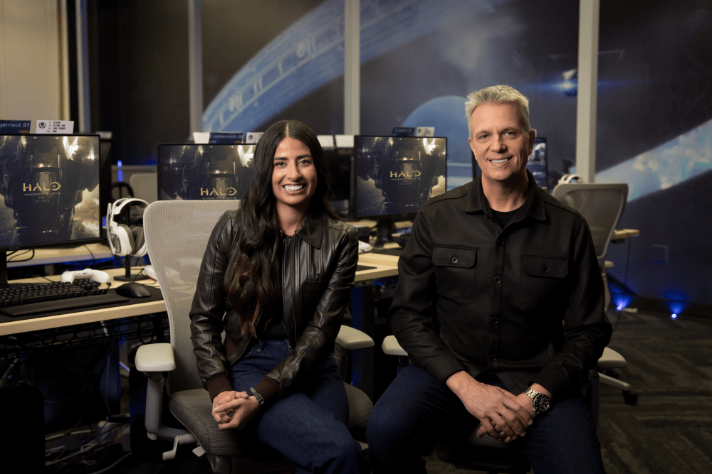 Xbox developers at Halo workstations in a gaming studio