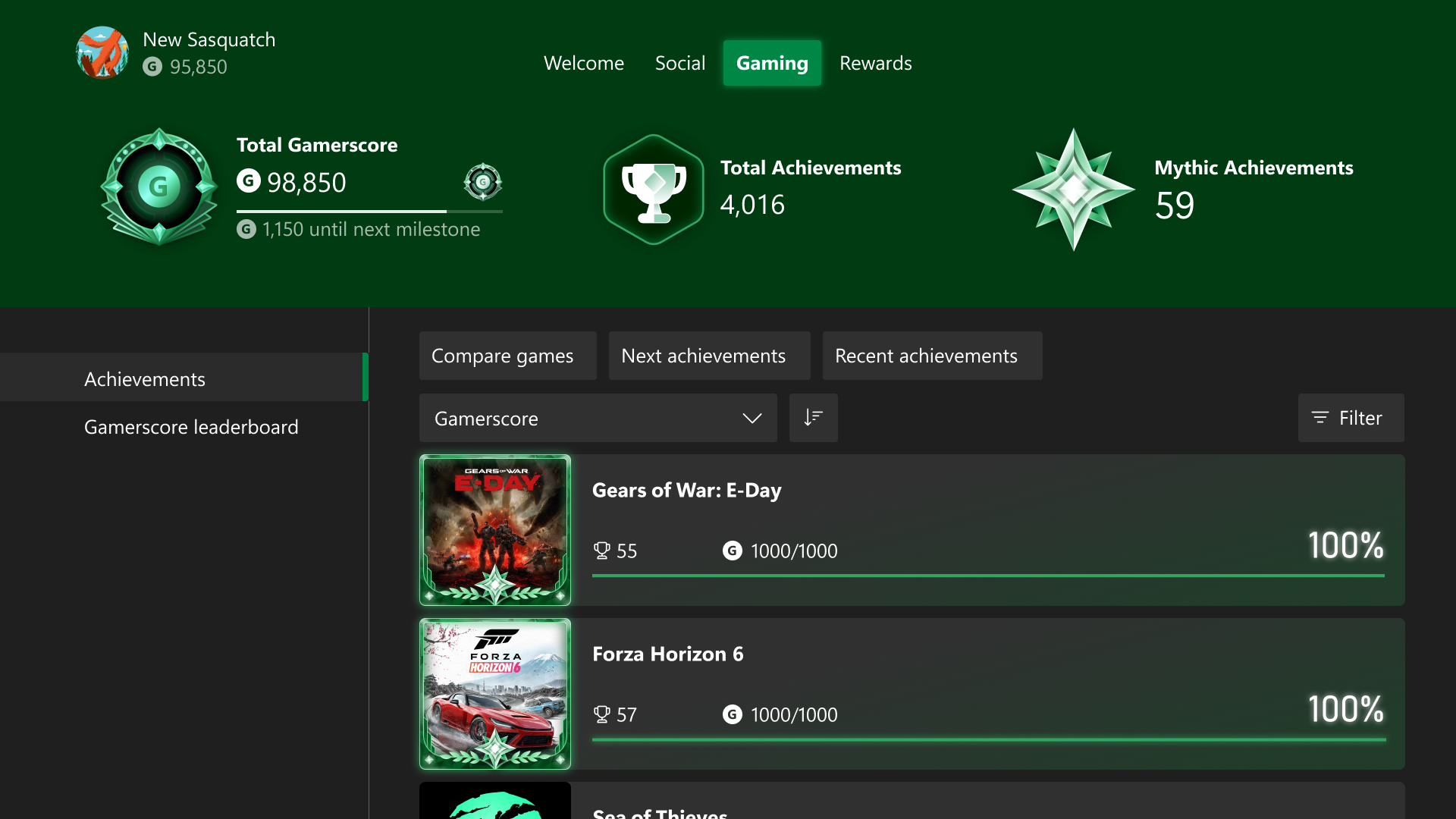 Xbox profile showing Mythic Achievements alongside completed games and Gamerscore