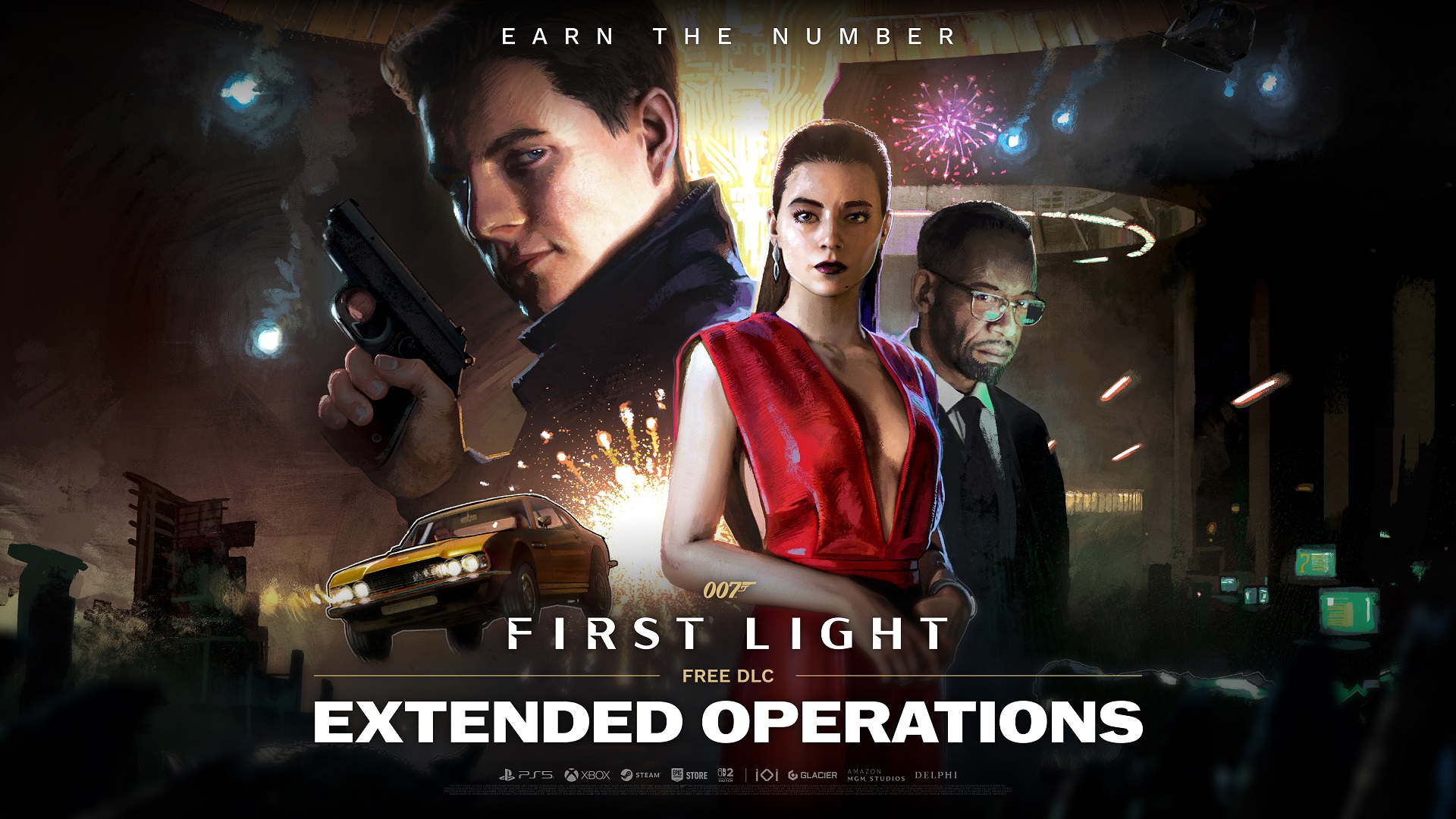 007 First Light Extended Operations DLC key art with Bond and cast