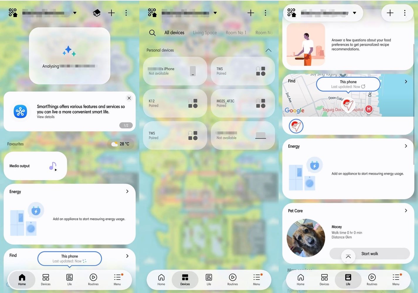 SmartThings app redesign across Home, Devices and Life tabs