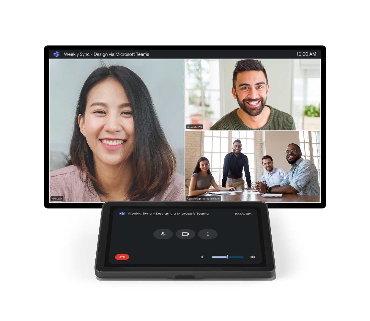 Microsoft Teams Rooms display and touch controller showing a live video call