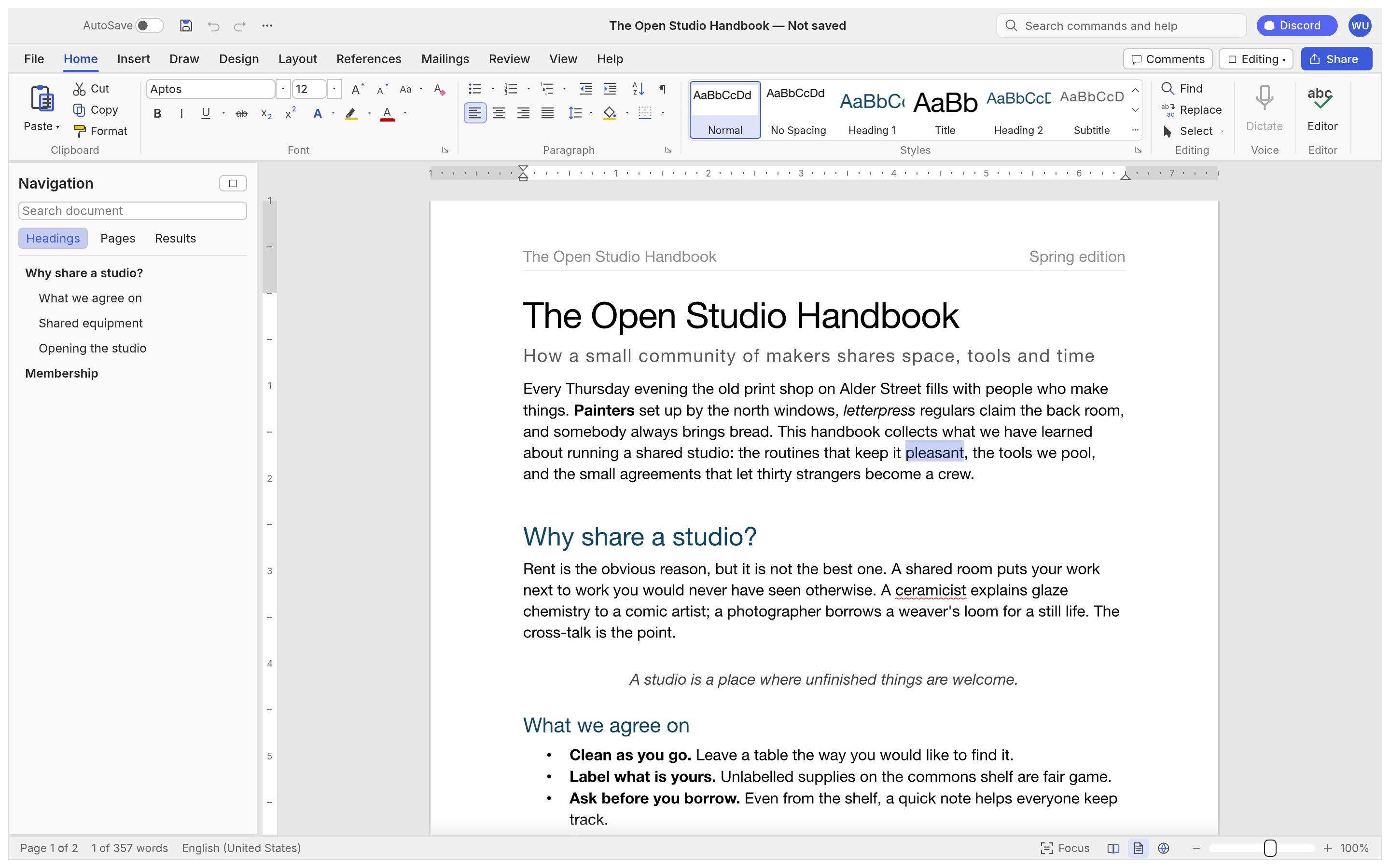 WordCraft's Open Studio Handbook sample document with ribbon, Styles gallery, rulers, and Navigation pane